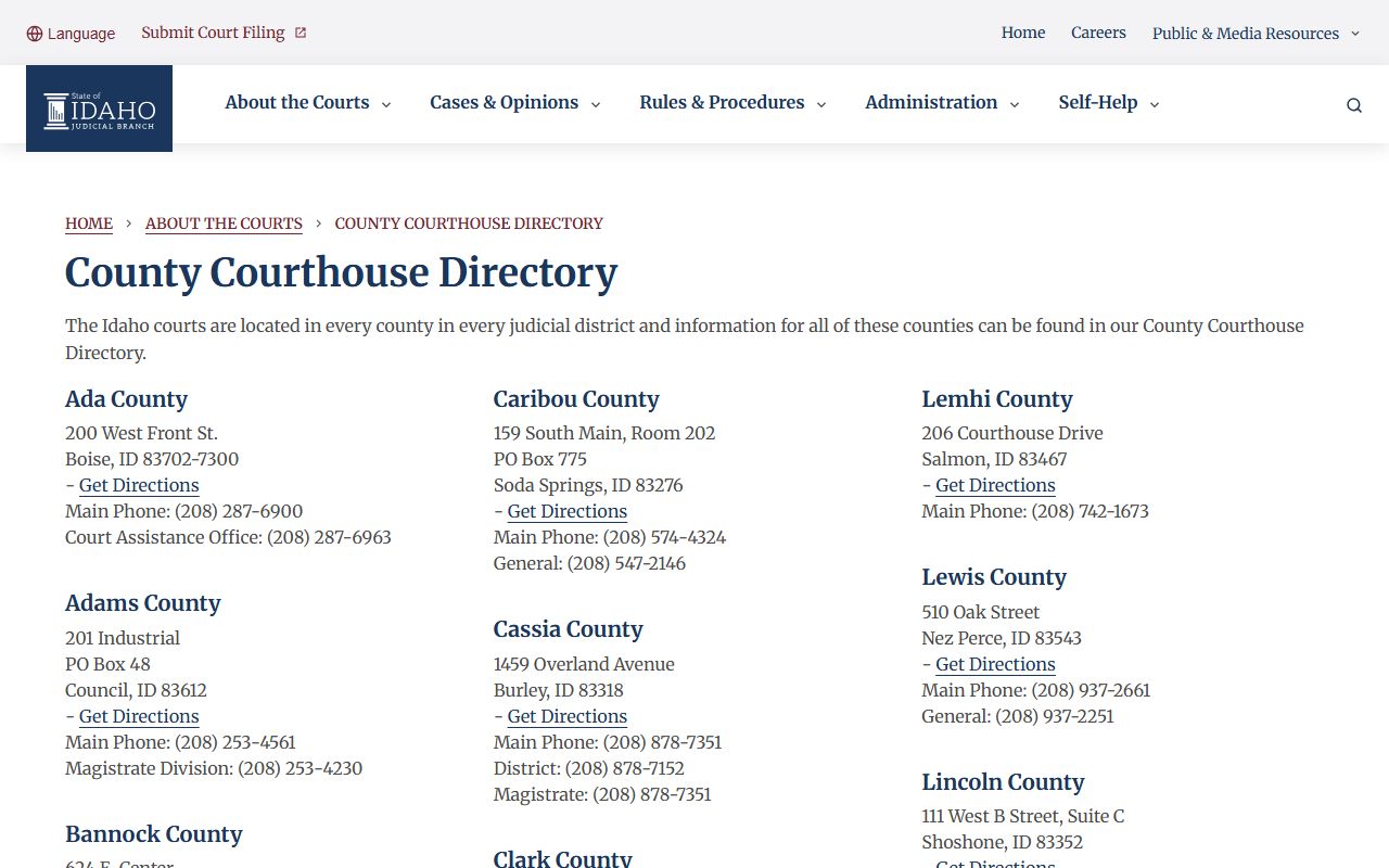 Ada County courthouse directory entry from the Idaho Supreme Court