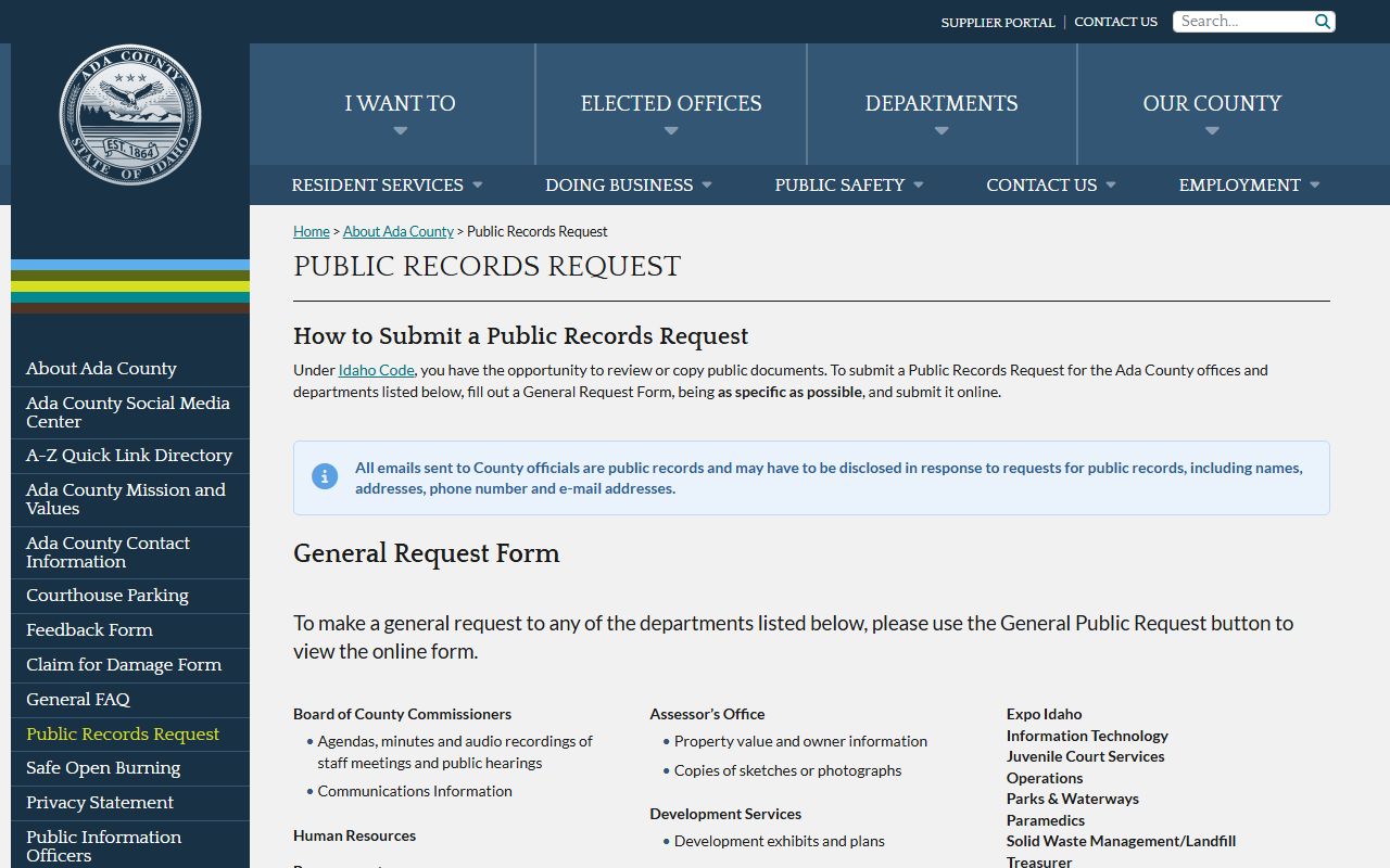Ada County public records request landing page with department routing