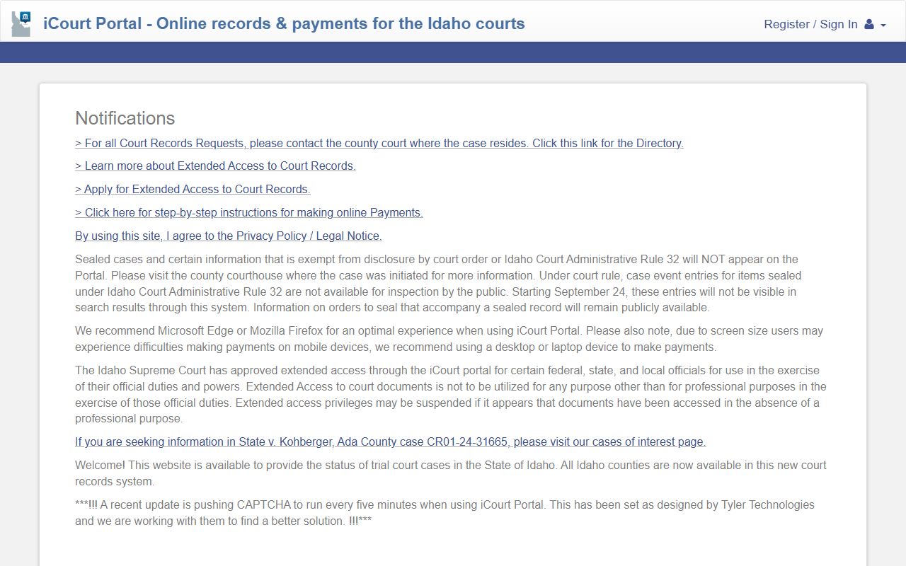 Ada County court records search on the Idaho iCourt Portal dashboard