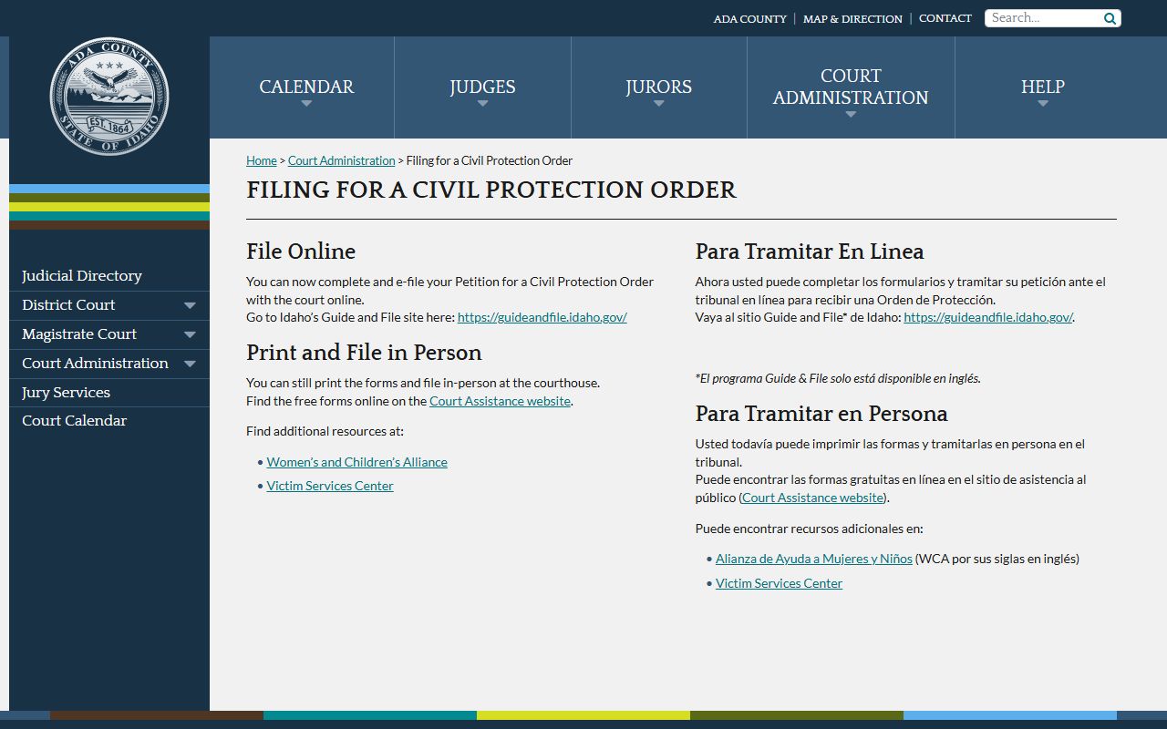 Ada County civil protection order filing for the Magistrate Division docket
