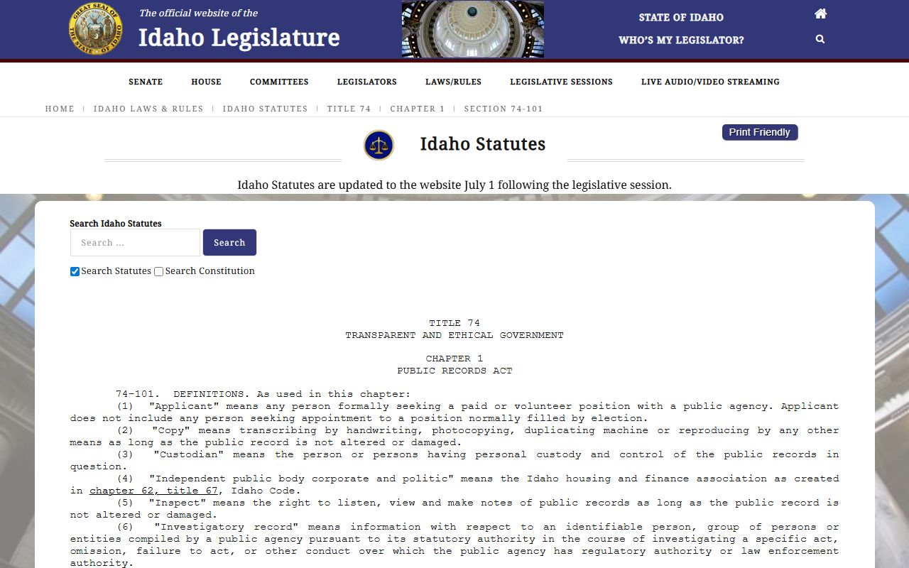 Idaho Public Records Act definitions used for Ada County court records