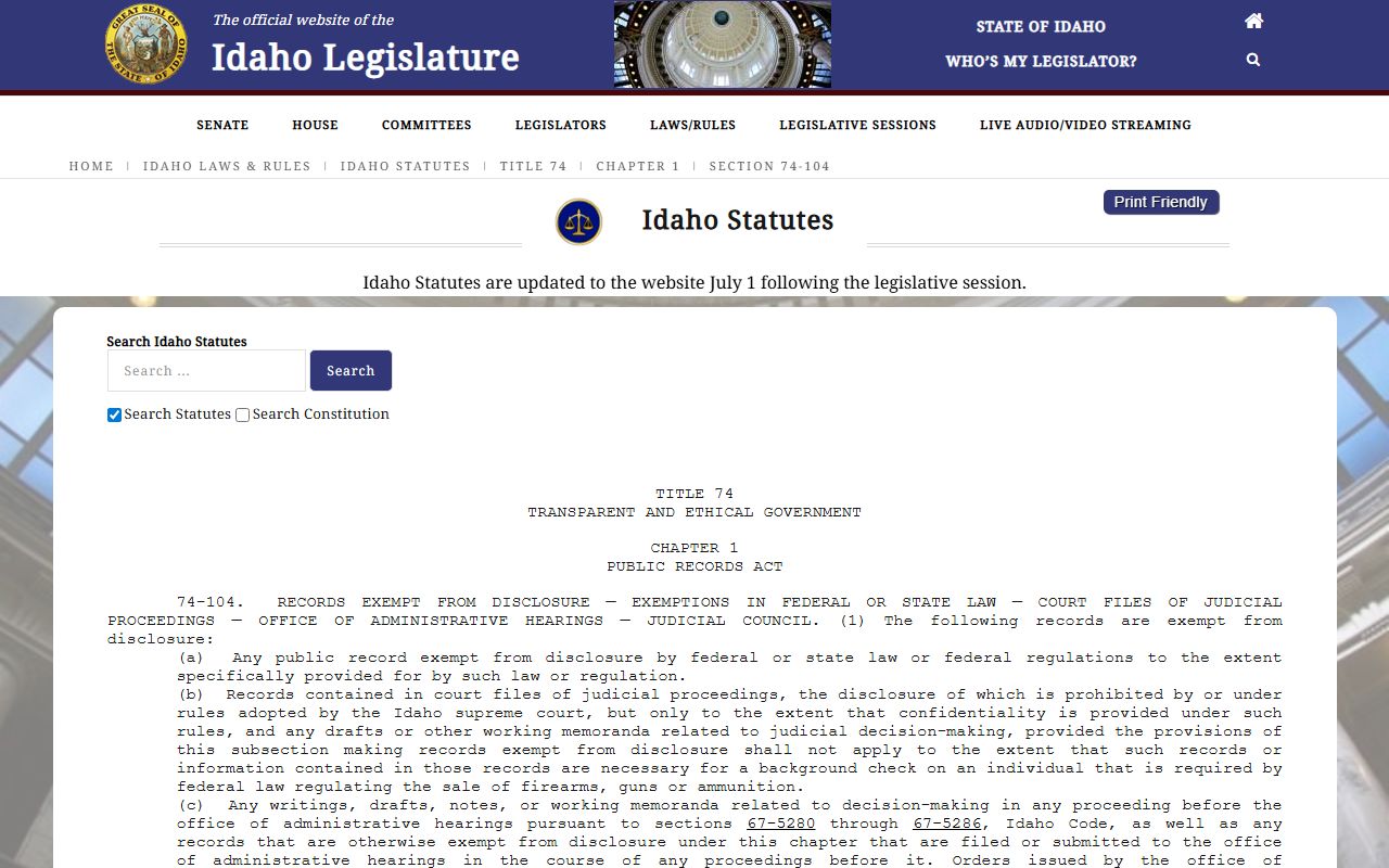Idaho Code 74-104 on judicial records and Ada County access