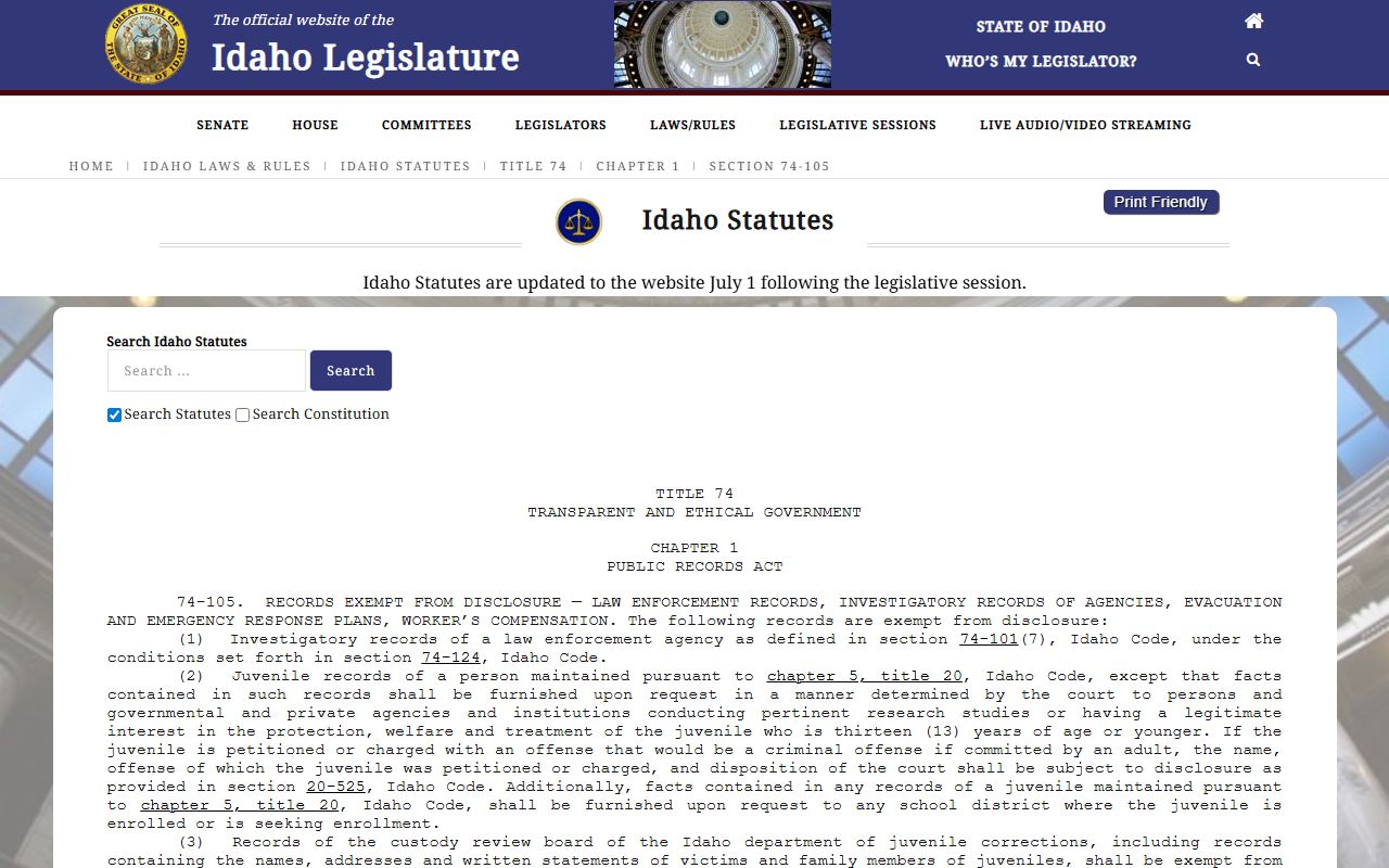 Idaho law enforcement records exemptions used for Ada County criminal records