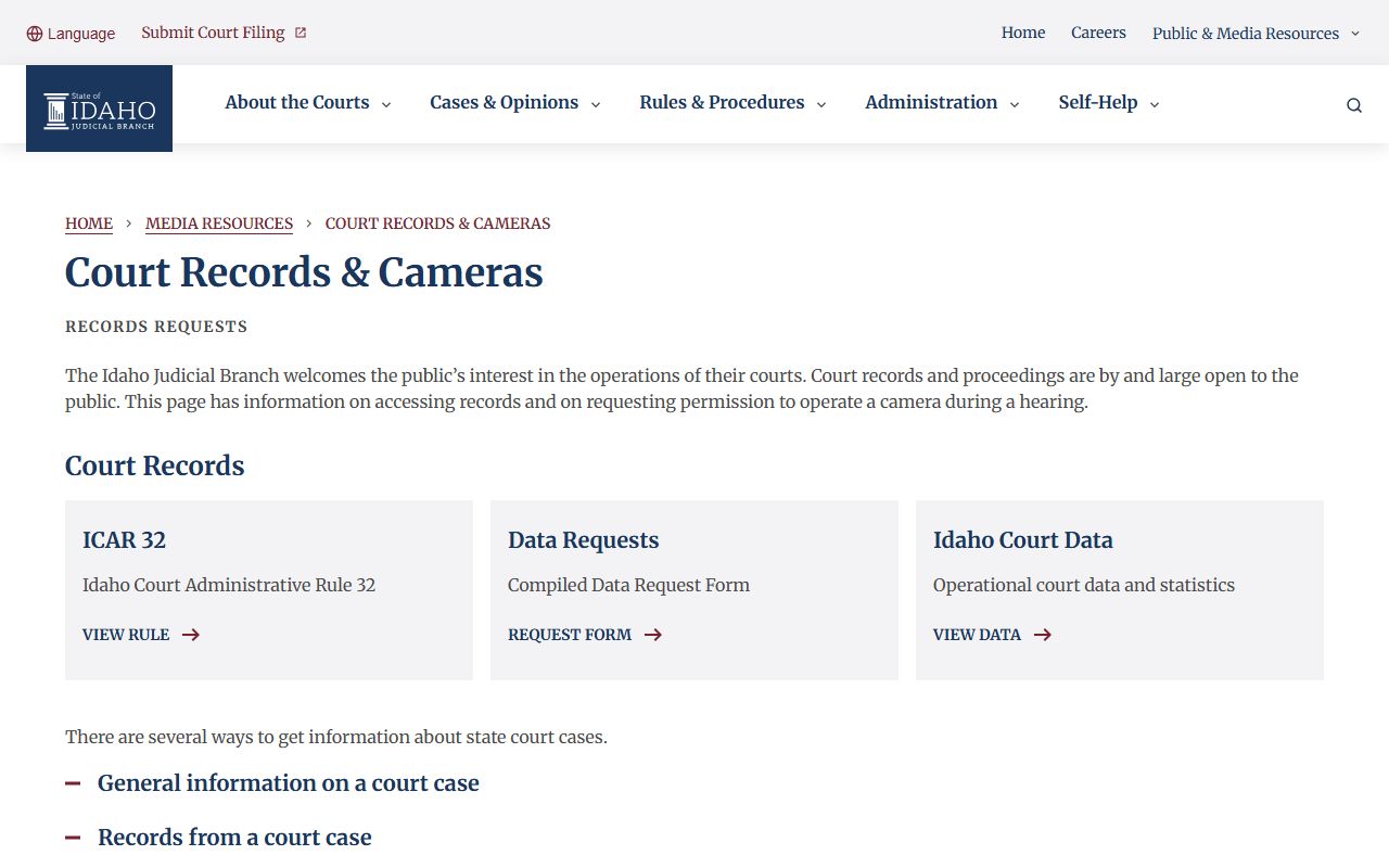 Idaho Judicial Branch court records request page for Ada County FAQ