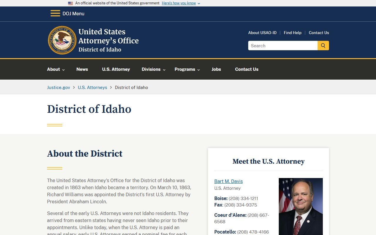 U.S. Attorney District of Idaho federal prosecutor for Ada County