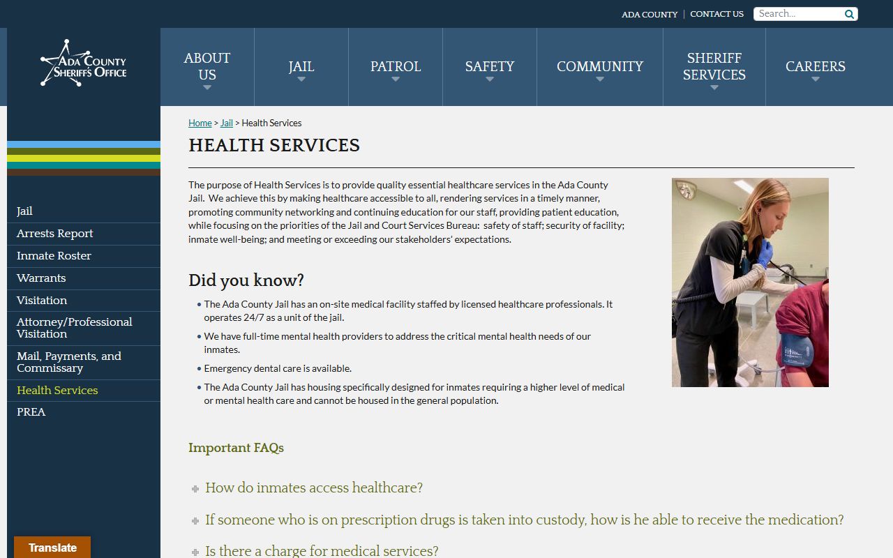 Ada County Jail health services population housing