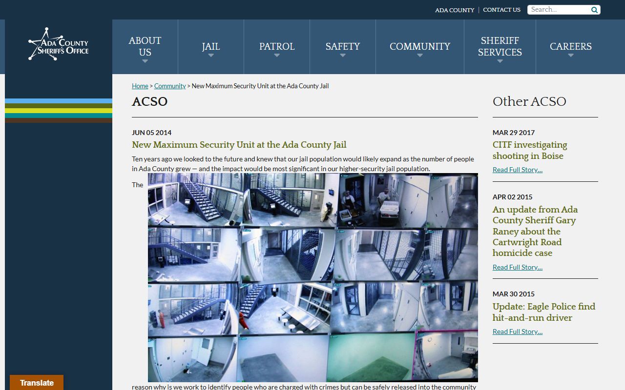 Ada County Jail Maximum Security Unit population housing