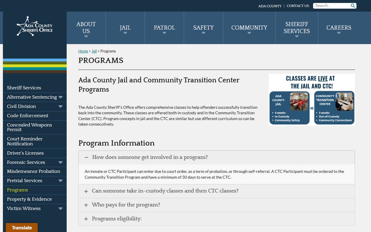 Ada County Jail programs page for inmate records