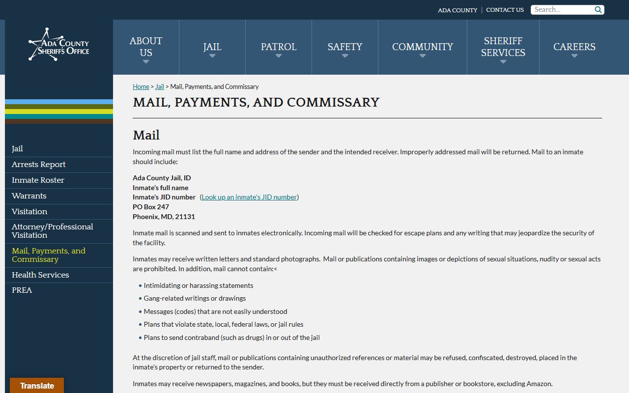 Ada County Jail mail and payment information