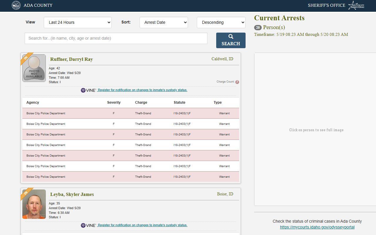 Ada County current arrests report search for inmate records