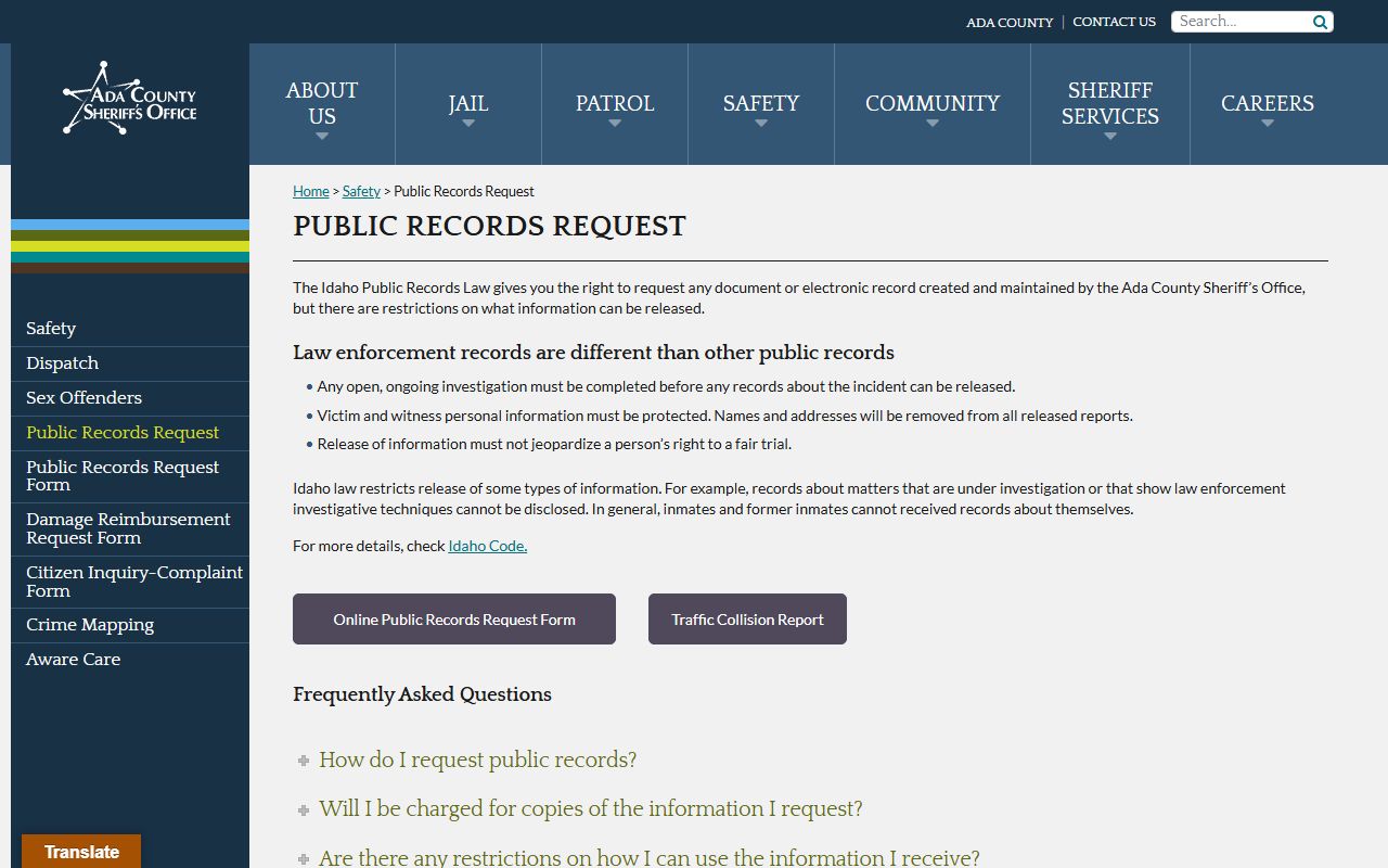Ada County Sheriff public records request page for inmate records