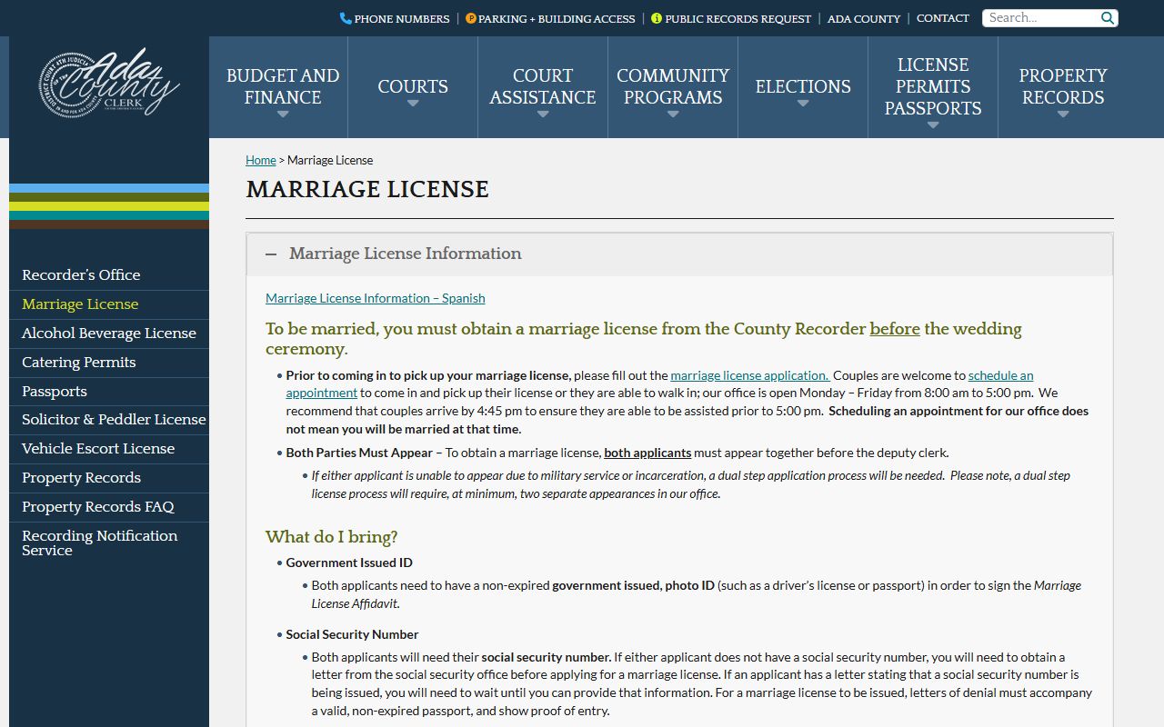 Ada County marriage license requirements and application page