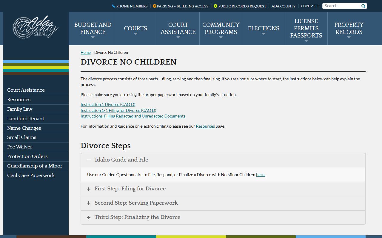 Ada County divorce without children process page