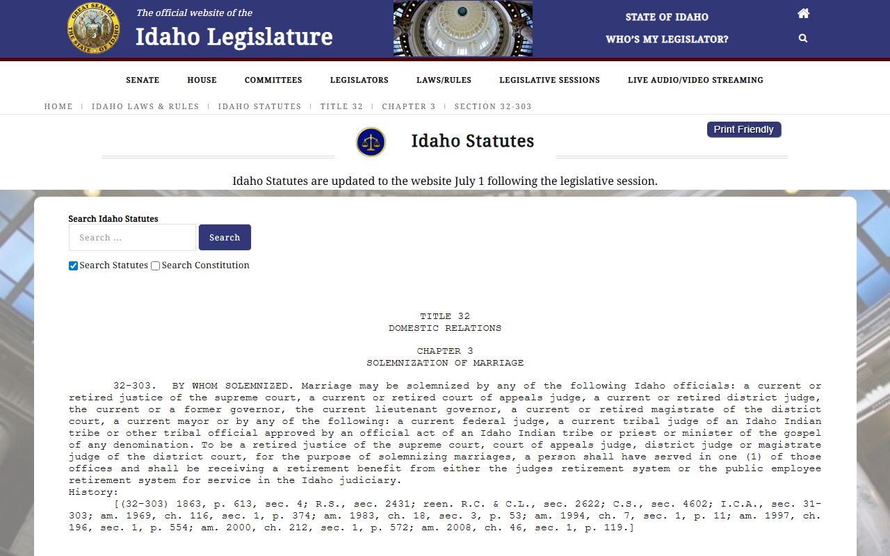 Idaho marriage solemnization statute for Ada County