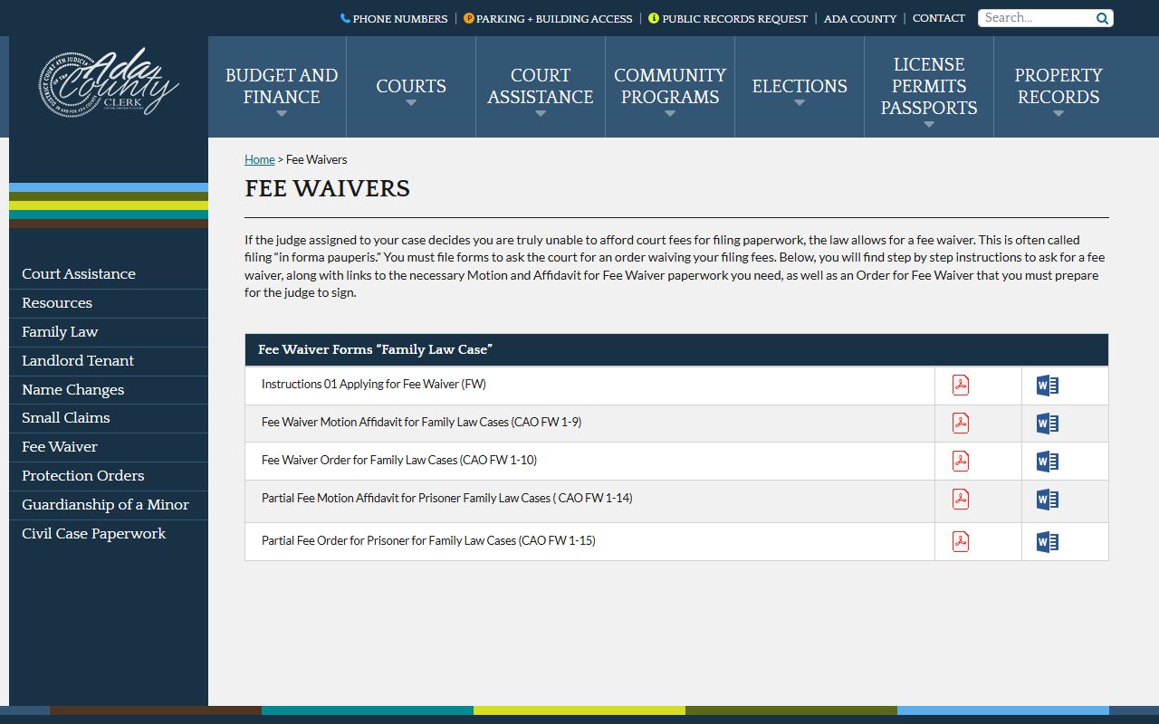 Ada County court fee waiver resources for probate filings