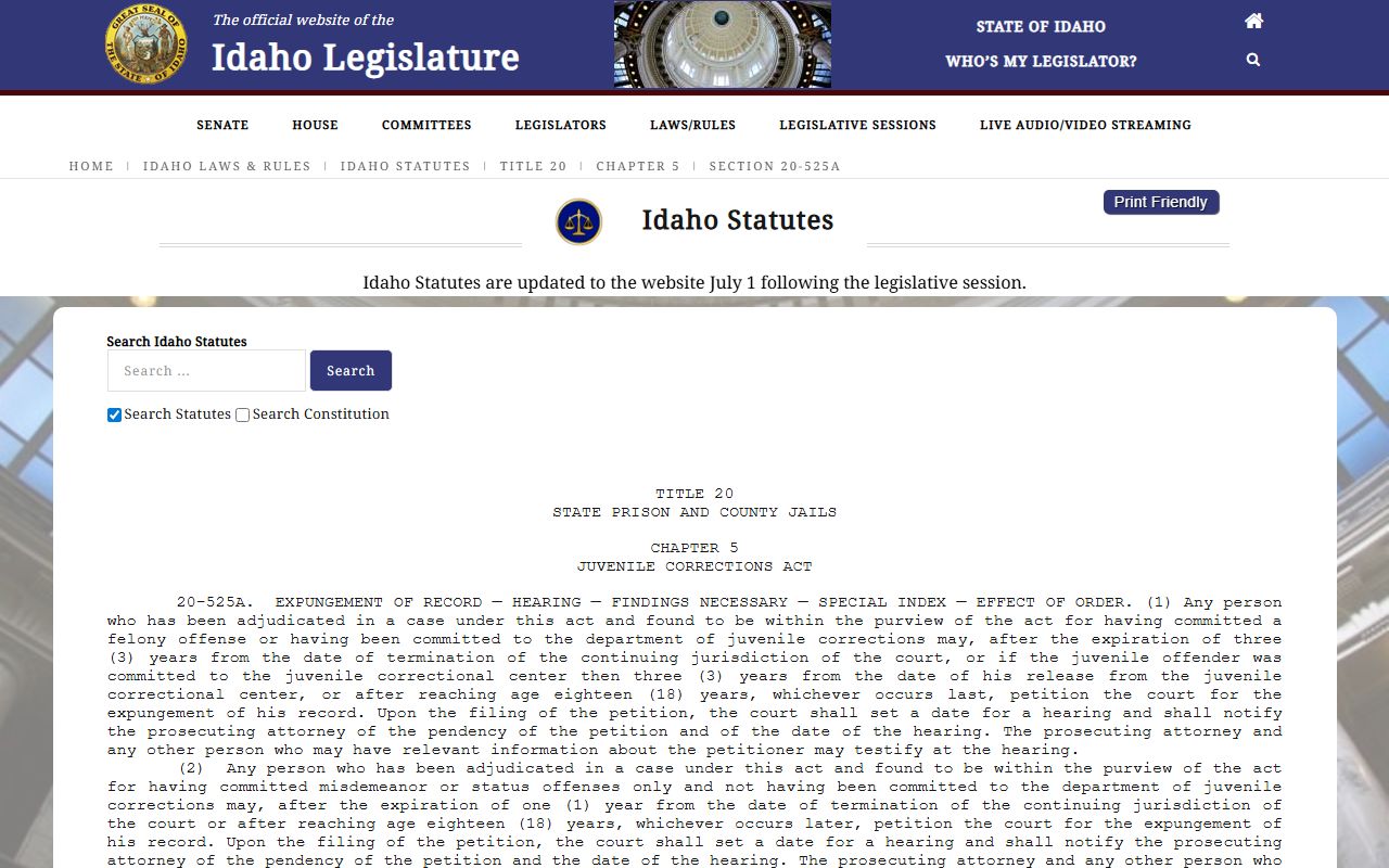 Idaho juvenile expungement statute for sensitive court records