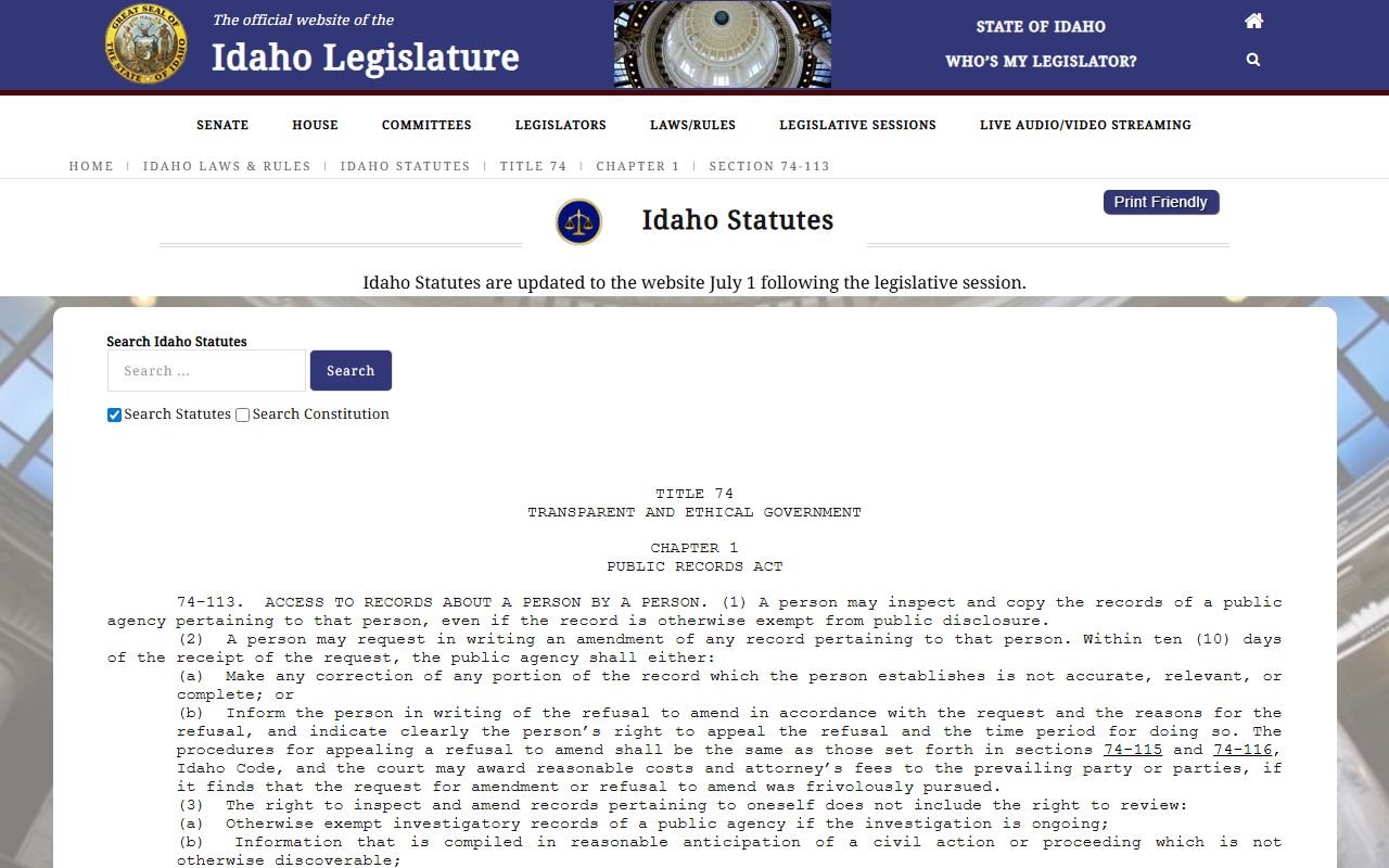 Idaho prisoner public records limitation for Ada County
