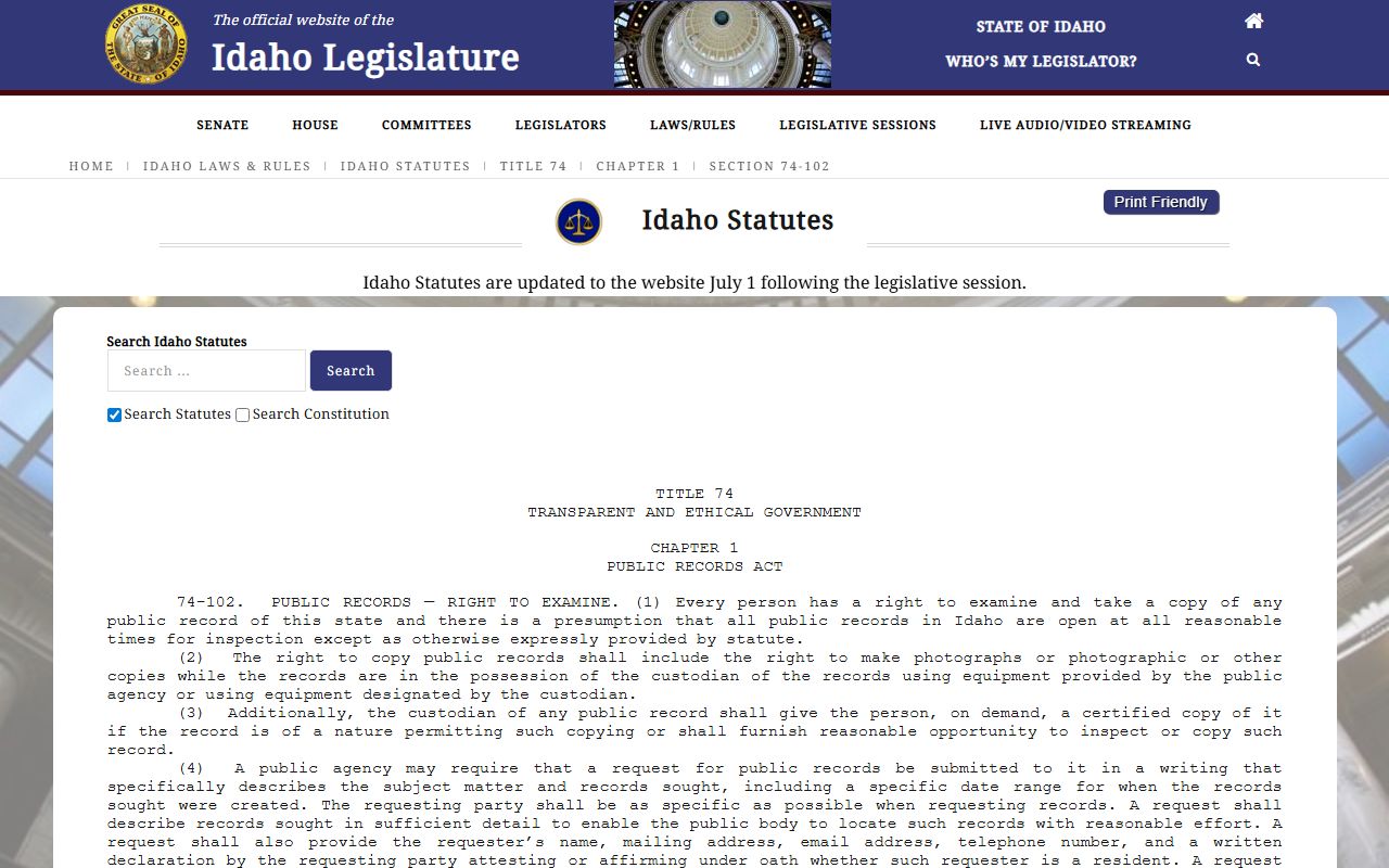 Idaho public records right to examine for Ada County