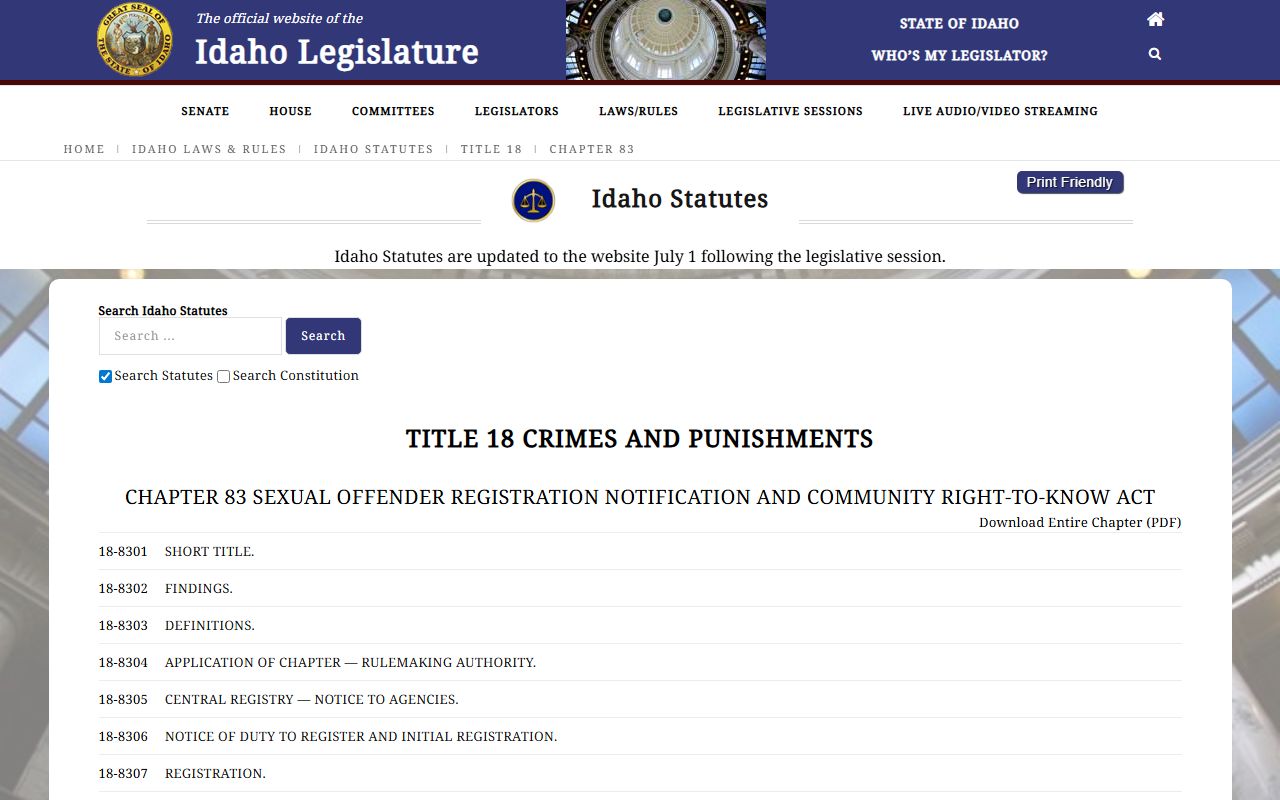 Idaho sex offender registry statutes for public records context
