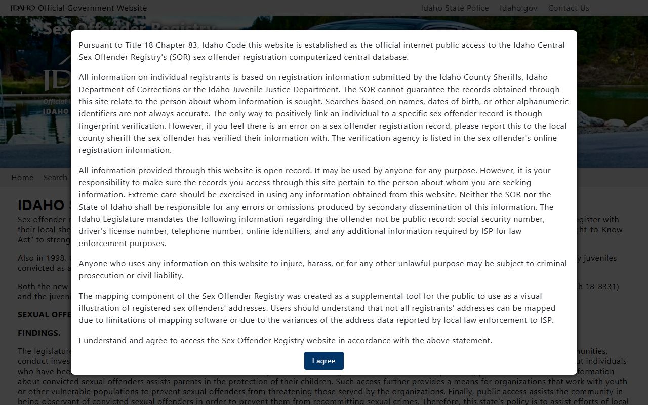 Idaho State Police sex offender registry for Ada County