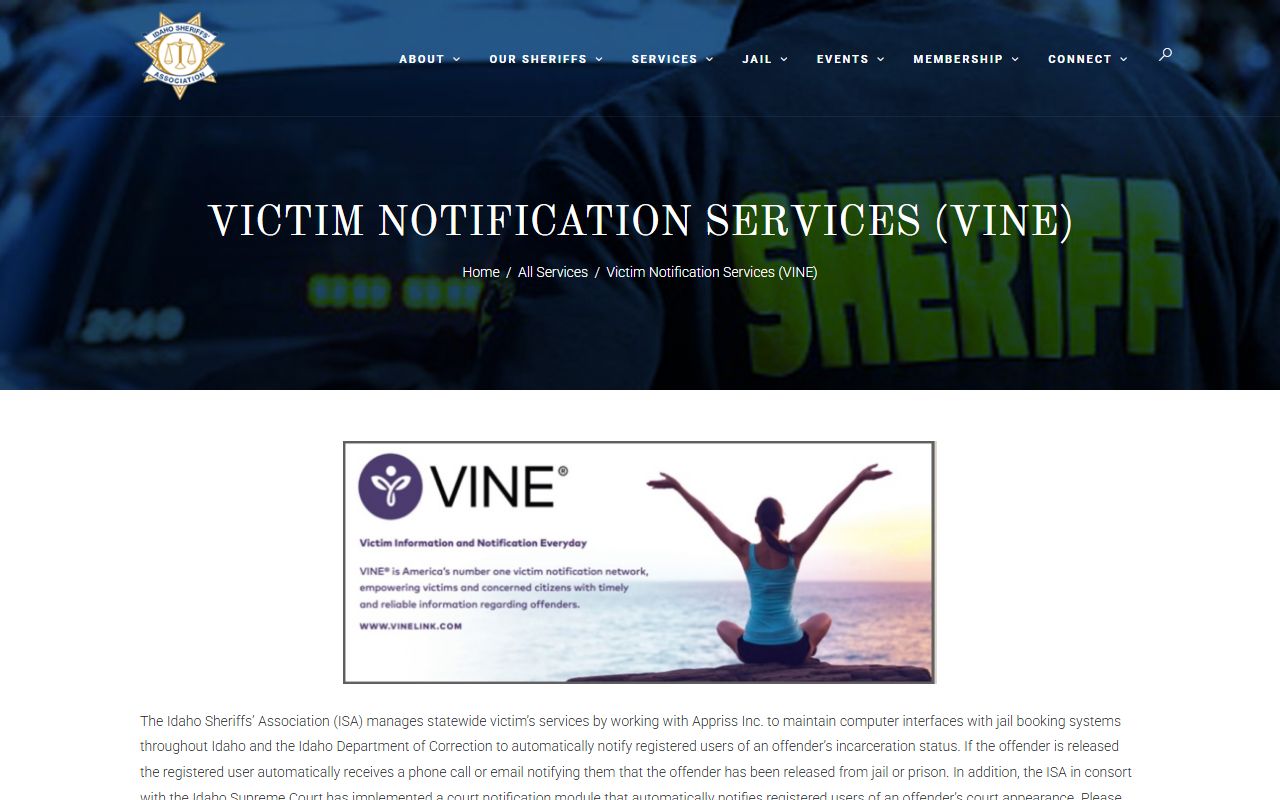 Idaho Sheriffs Association VINE notification context for Ada County traffic court records