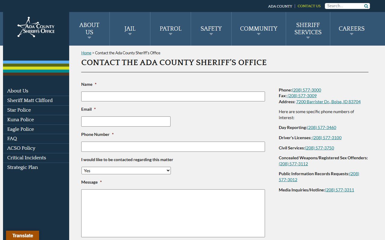Ada County Sheriff contact information for warrant records